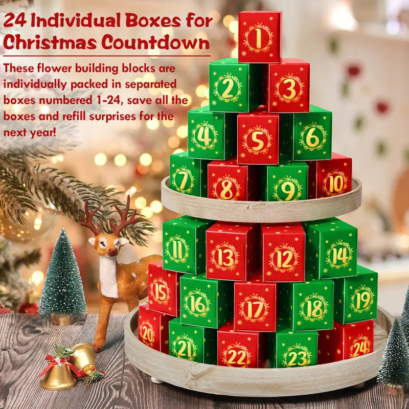2026 Christmas Flower Bouquet Advent Calendar | 24-Day Countdown Building Blocks Gift Box, 24 Unique Flowers 3D Puzzle Toy Set,