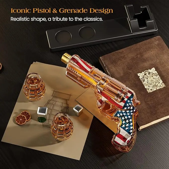 Military Flag Whiskey Decanter Set – Premium Glass Decanter with Grenade Shot Glasses & Luxury Gift Box