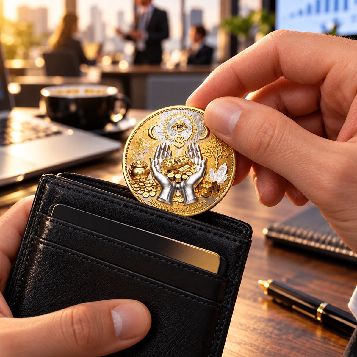 3D Wealth Coin – Gold-Tone Prosperity Symbol with Double-Sided Relief